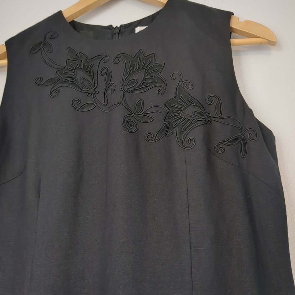 Adrianna Papell Linen Dress Womens Size 8 Embroidery Black Summer Sleeveless Mid